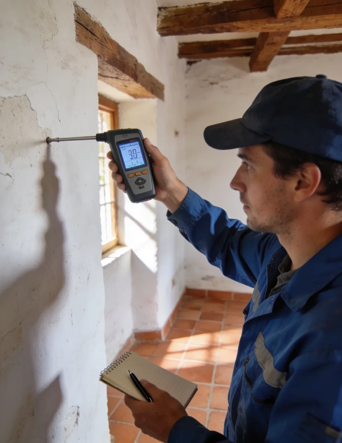 Técnico HUMIX midiendo la humedad de un muro antiguo en Piedrabuena